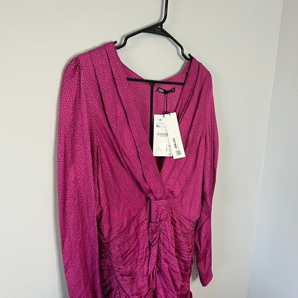 NEW Zara Women's Ruched Satin Effect Print Wrap Dress Fuchsia Pink Size XL - Picture 8 of 16